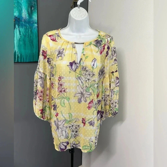 Women’s Small Swiss Dot SHEER Yellow Floral Blouse Keyhole‎ Cottagecore Dainty - Picture 5 of 16